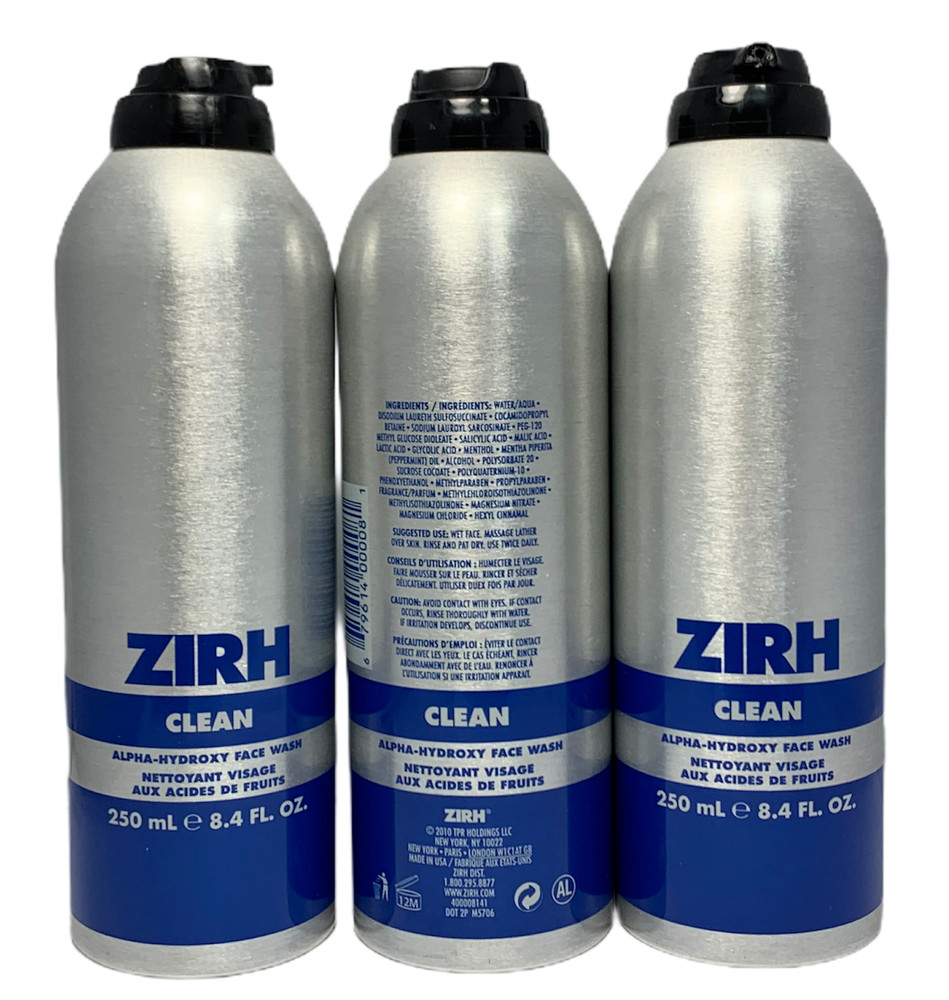 ZIRH Clean Alpha-Hydroxy Face Wash 250ml/8.4fl.oz. *LOT OF 3*
