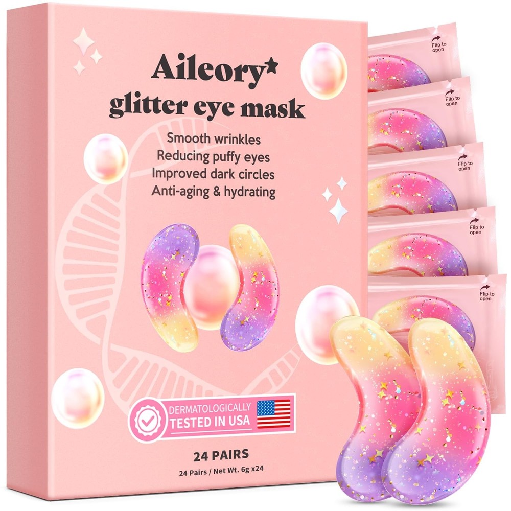 AILEORY Under Eye Patches (24 Pairs) – Tri-color Glitter Eye Gel Pads for Dark C