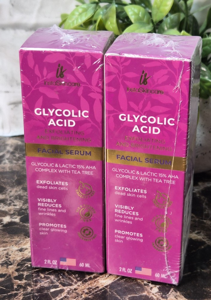 InstaSkincare 15% Glycolic Acid Serum~ 2PK.2oz~AHA Exfoliating w Lactic Acid