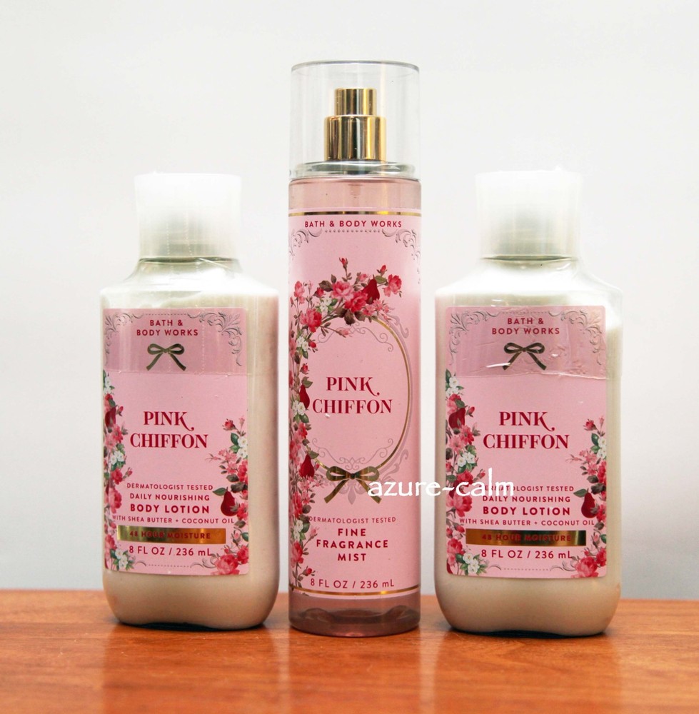 Bath & Body Works PINK CHIFFON Body Lotion x 2 & Fragrance Mist 3PC Set