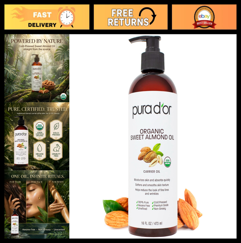 Organic Sweet Almond Oil 16 Oz – Pure Carrier Oil for Hair & Skin, Moisturizing,