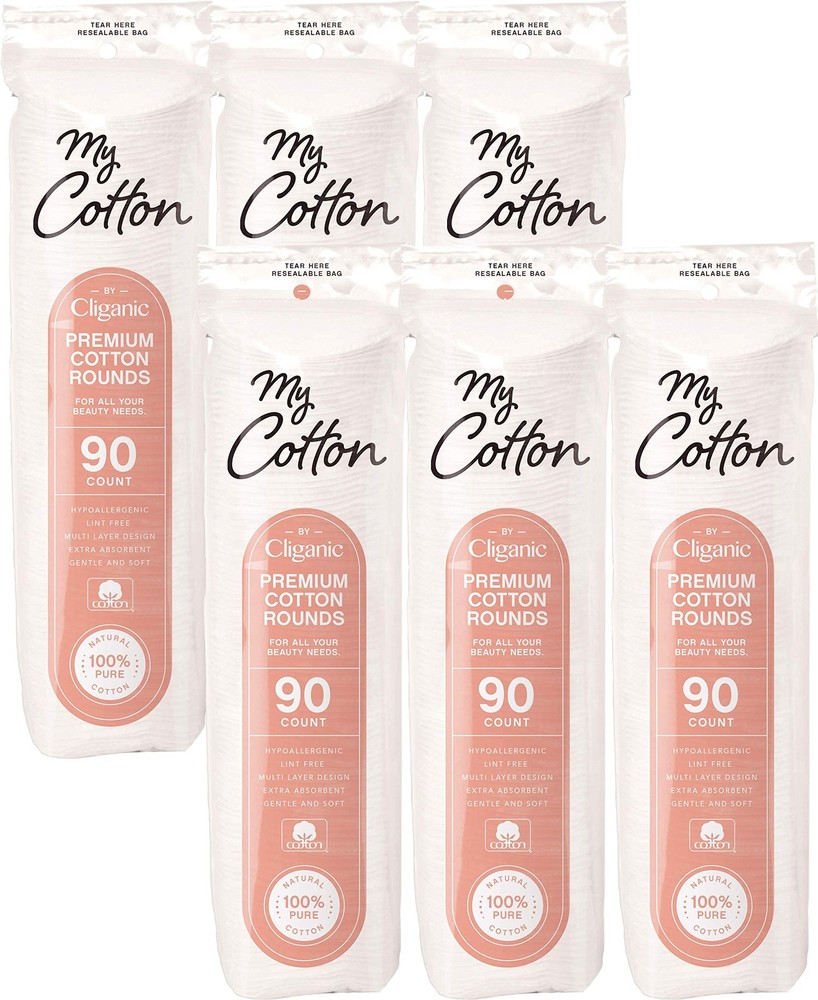 Cliganic My Cotton Premium Rounds for Face (540 90 Count (Pack of 6)