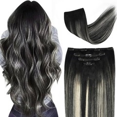 Hair Extensions Clip In 22 Human 98g 4 Piece #1BT Silver Women Silky Straight