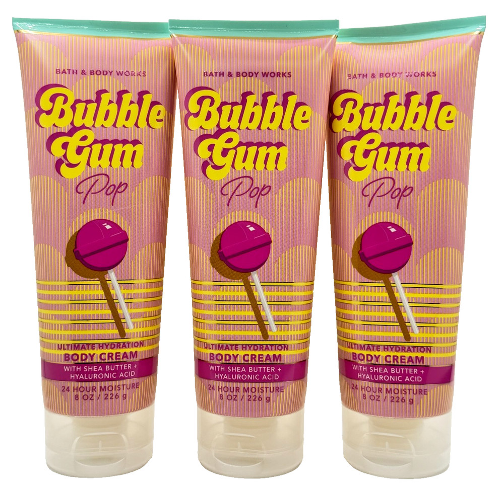 NEW Bath & Body Works Lot of 3 Tubes Bubble Gum Pop Hydrating Body Cream 8 oz