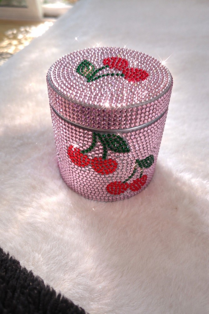 Cherry Crystal Rhinestone Shiny Bedazzled Jar Body Cream Reusable Container Box
