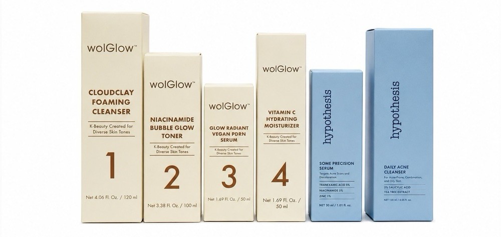 New Luxe 6 Pc WolGlow & hypothesis K-Beauty Skincare Bundle Cleanser Serum Toner