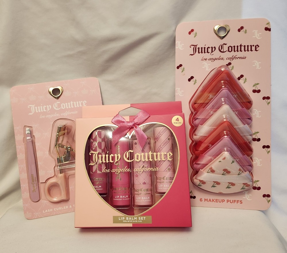 NIB Juicy Couture Women&rsquo;s Gift Set LOT Lip Balm Makeup Poofs Eyelash Curler (3)