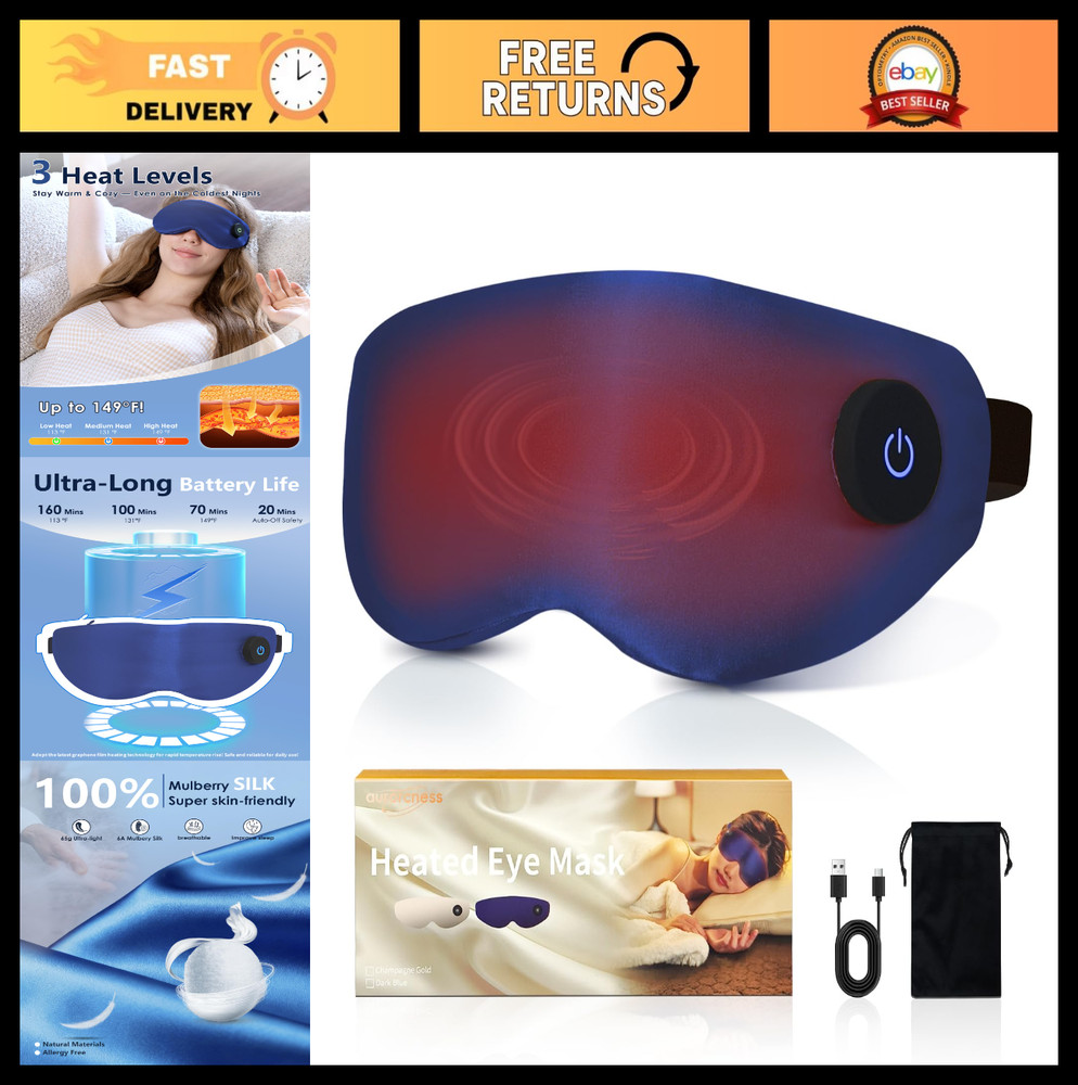 Cordless Heated Eye Mask for Dry Eyes – Mulberry Silk Compress, 3 Heat Levels, R