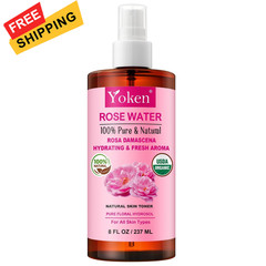 Yoken Organic Rose Water Spray 8oz, USDA 8 Fl Oz (Pack of 1), Clear
