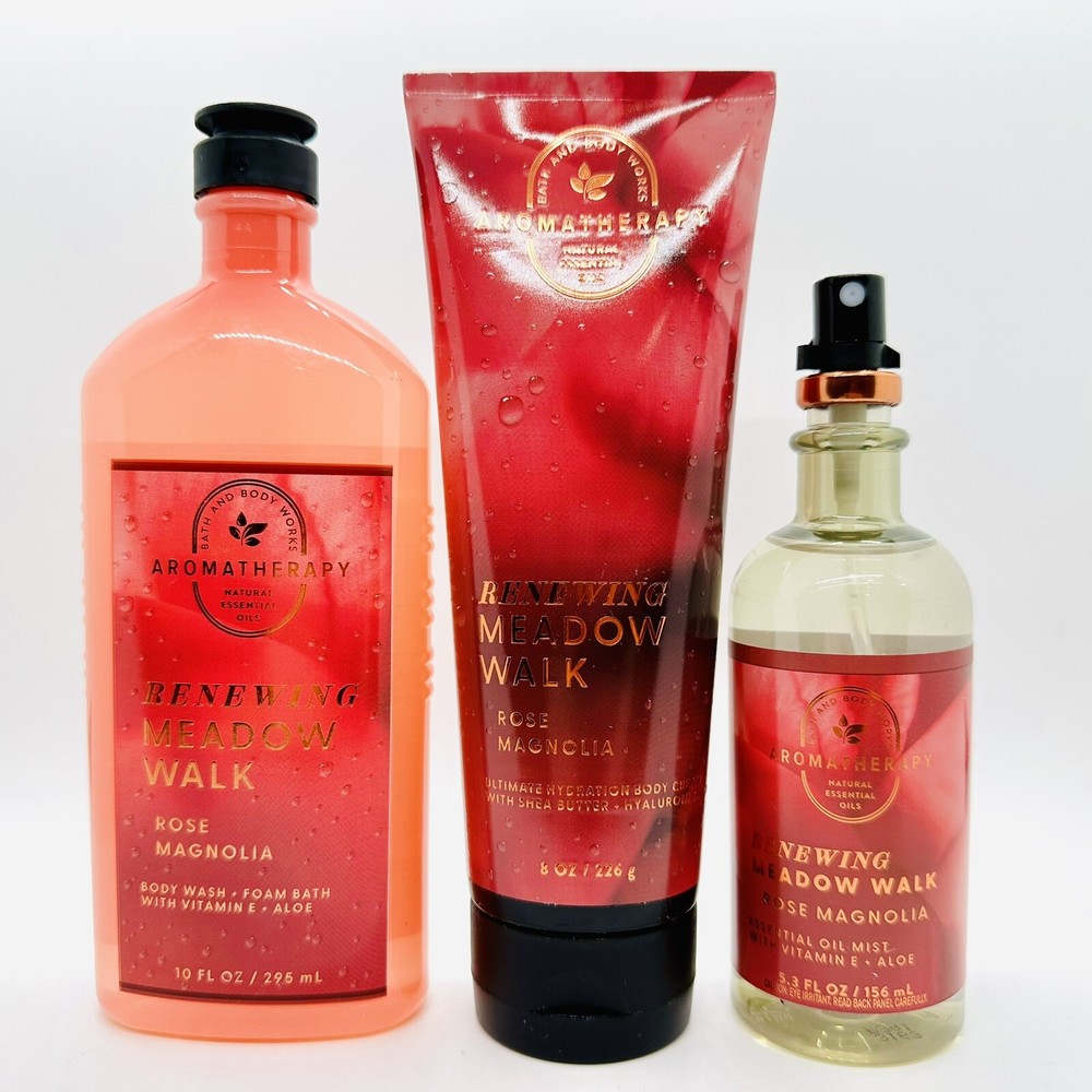 3 PCS BATH & BODY WORKS RENEWING MEADOW WALK ROSE MAGNOLIA BODY WASH+CREAM+MIST