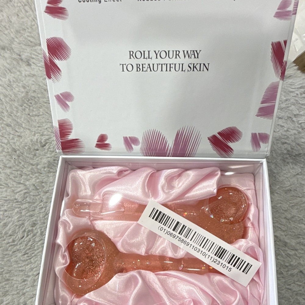 Ice Globe Facial Roller Set of 2 Pink Glass Cooling for Puffiness & Dark Circles