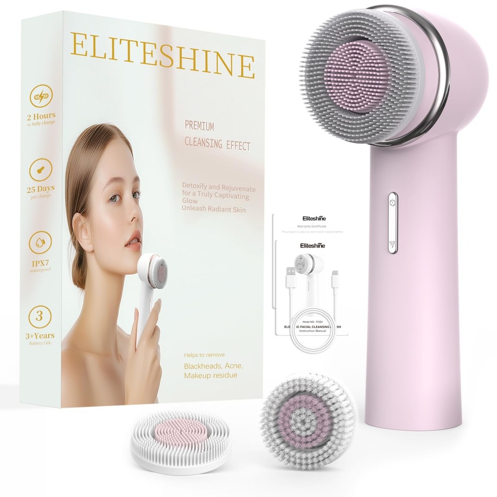 Eliteshine Electric Facial Cleanser Brush Equipped with Dual-Rotating Pink