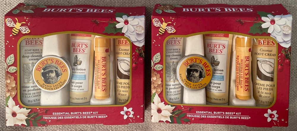 Lot of 2 New Burt&rsquo;s Bees Essential Holiday Kit Gift Sets 5pcs Each, Travel Size