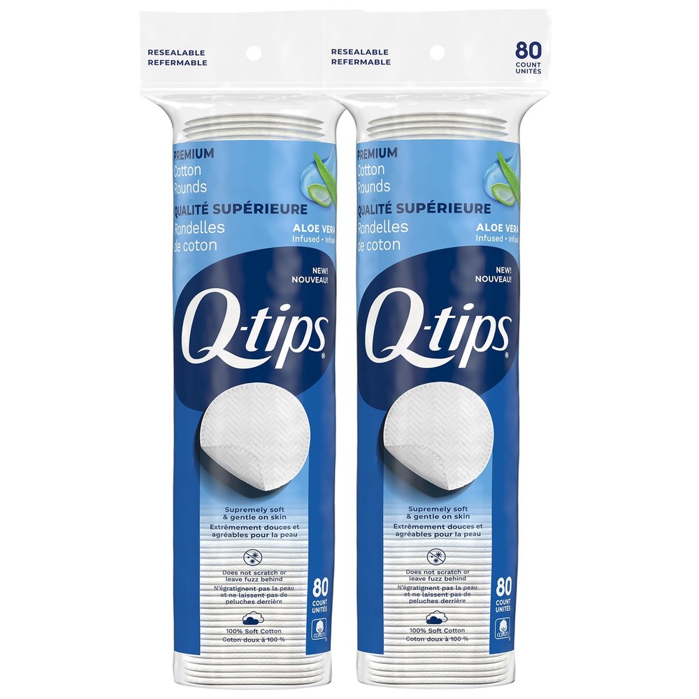 Q-tips Beauty Premium Cotton Rounds 80 Count 2-Pack – Hypoallergenic White