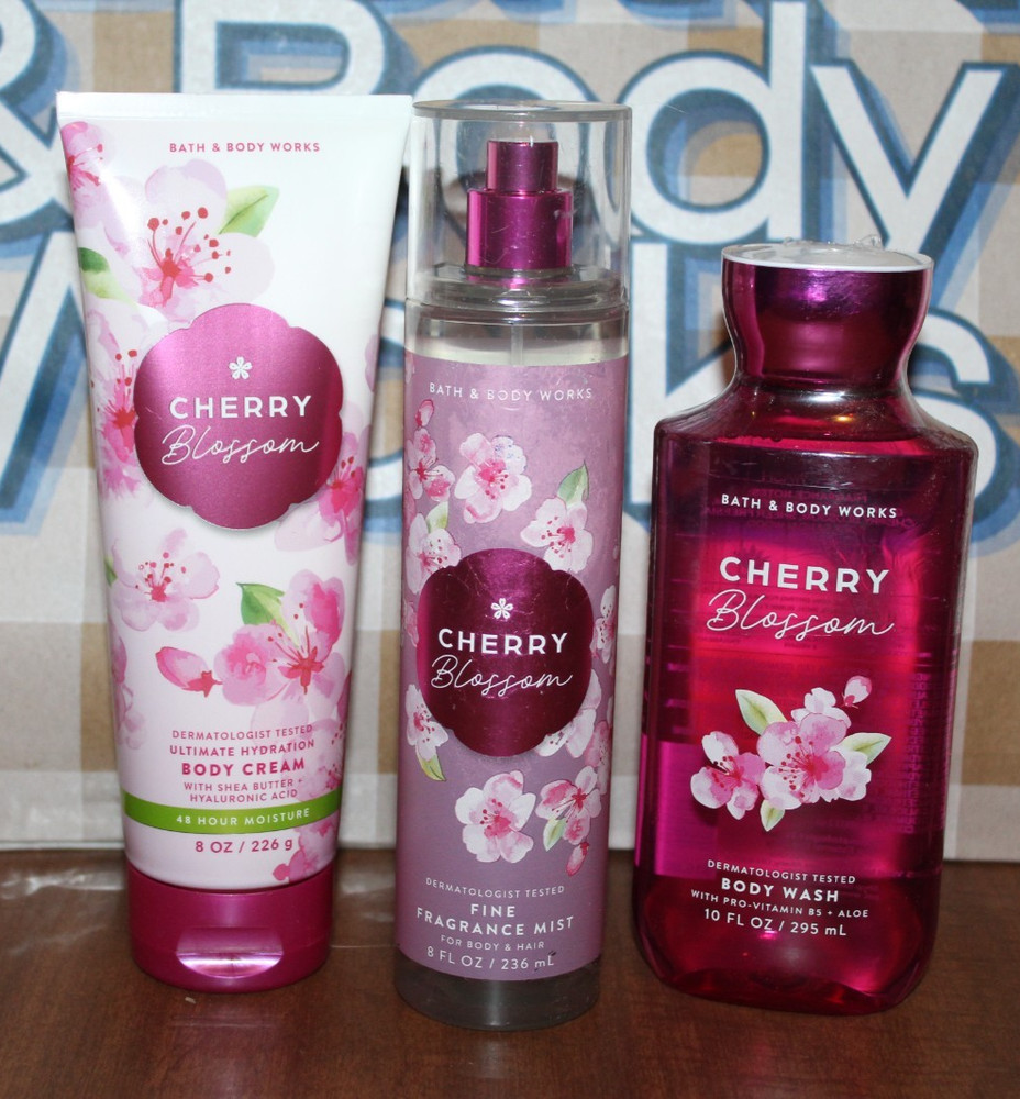3 PC Set BATH & BODY WORKS CHERRY BLOSSOM Lotion, Fragrance Mist & Body Wash