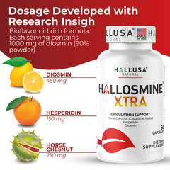 Hallosmine EXTRA Diosmin + FREE Cream for Veins 03 Bottles 180 Caps + Cream 4 oz