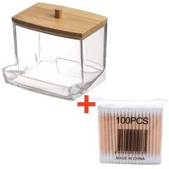 Cotton Swab Storage Box Double Head Wood Baby Cotton Swabs Transparent Square Ba