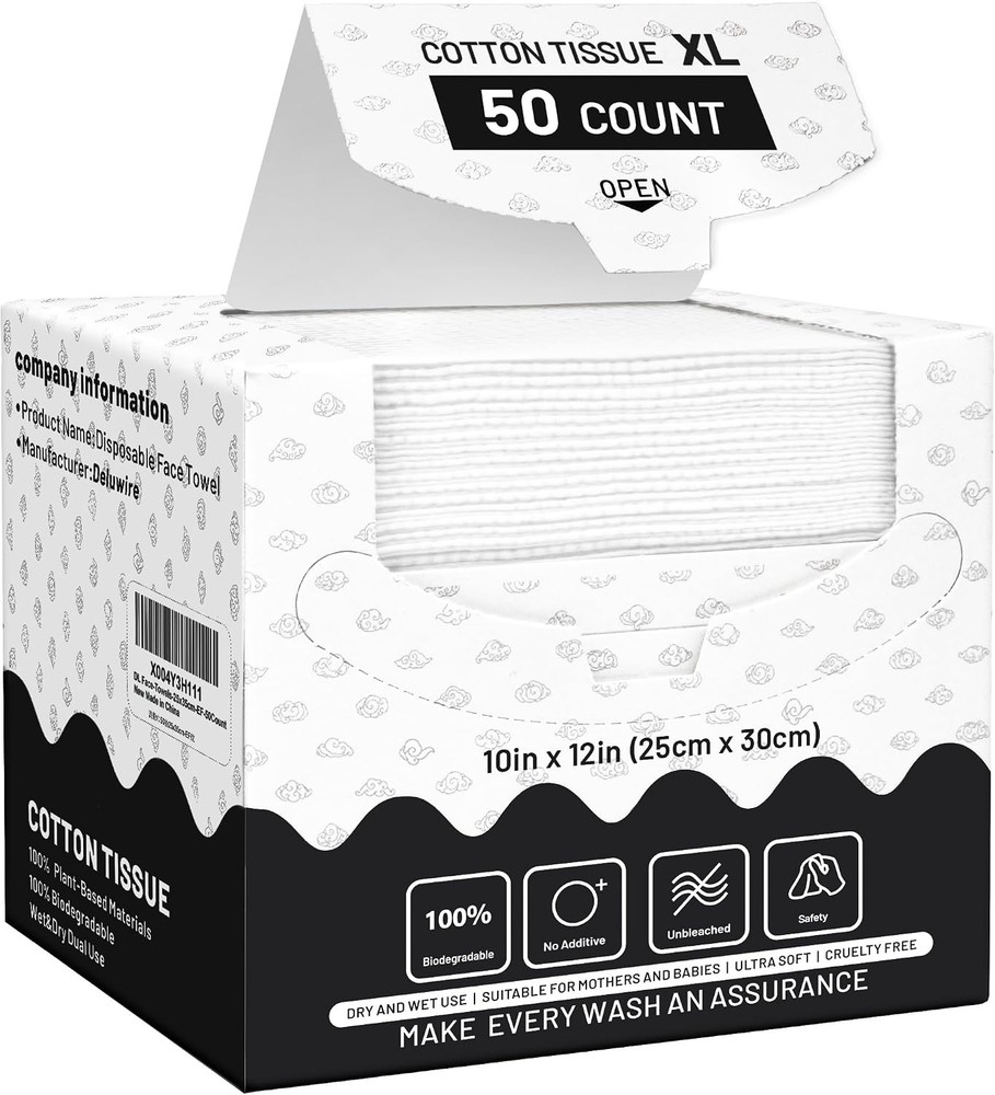 Disposable Face Towels XL 10&Prime;×12&Prime;, 50 Count Ultra Soft Thick Biodegradable