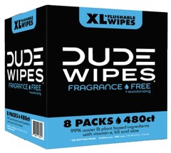 DUDE Wipes XL Flushable Wipes 480 Ct Fragrance Free Moisturizing 8 Sealed Packs