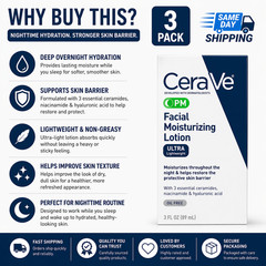 3 Pack CeraVe PM Facial Moisturizing Lotion with Hyaluronic Acid – 3oz