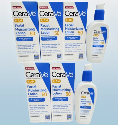 CERAVE AM FACIAL MOISTURIZING LOTION SPF 50 3 OZ BOXED EXP: 2027 LOT OF 5