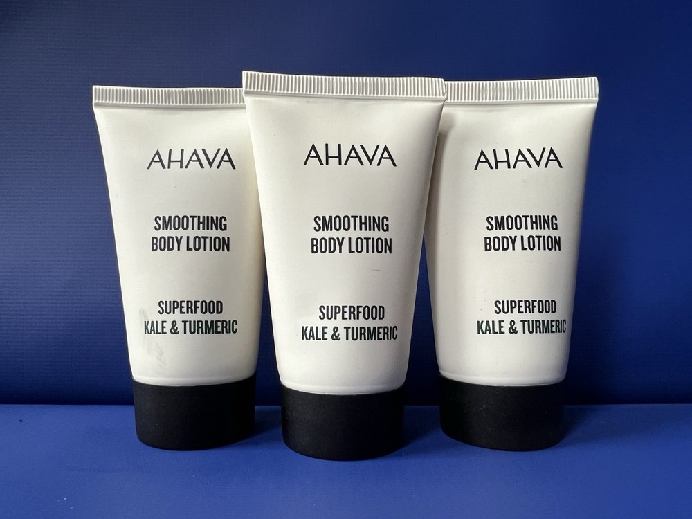 Lot (3) Ahava Smoothing Body Lotion Superfood Kale & Tumeric 1.3 oz Travel Size