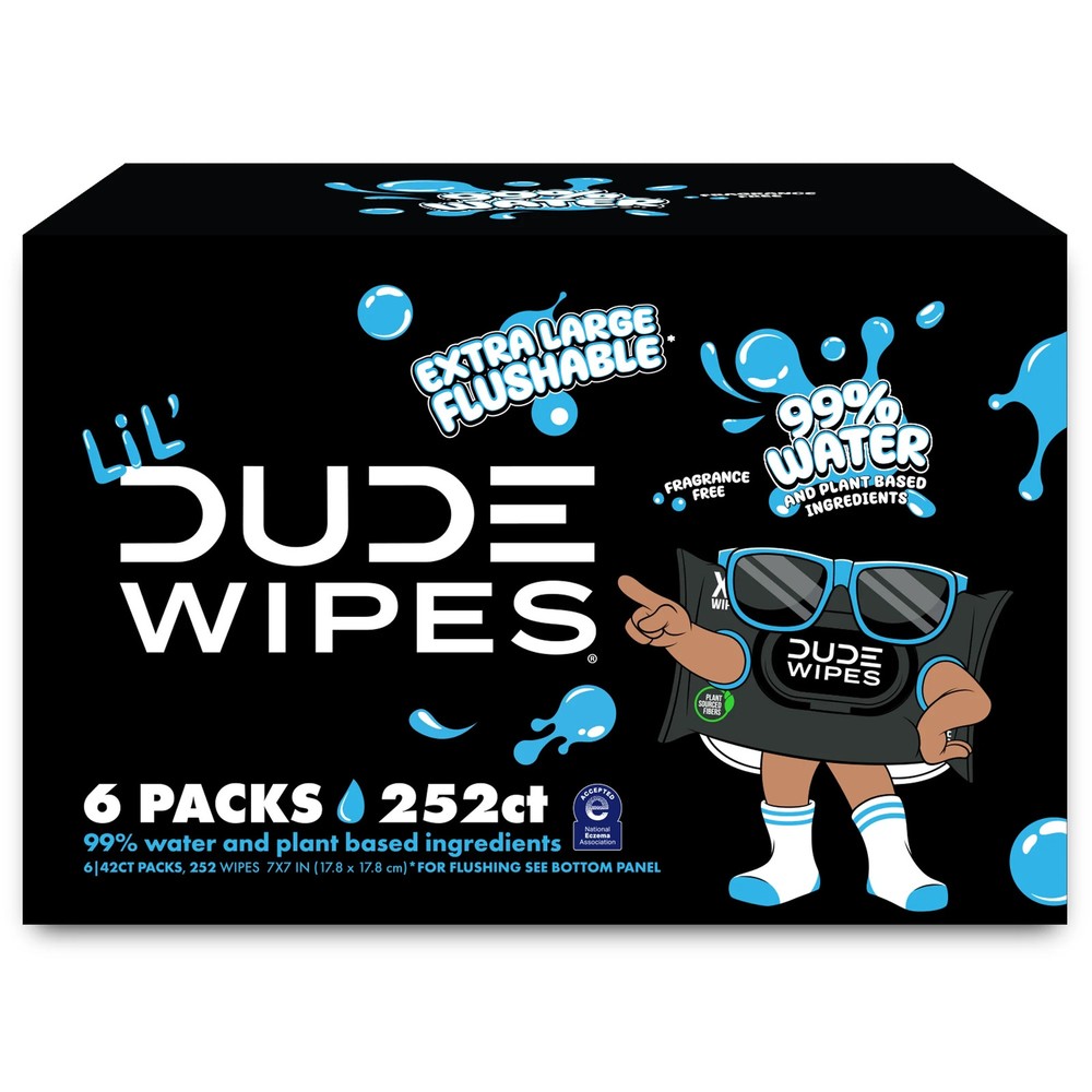 LiL&rsquo; DUDE Flushable Wipes, Extra Large Fragrance Wet Wipes, 252 Count, 6 Pack