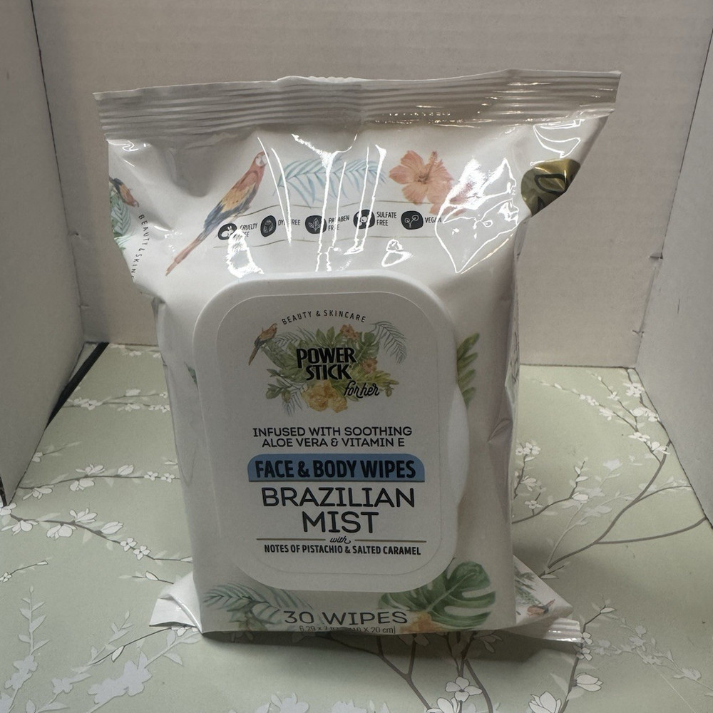 Power Stick Face & Body Wipes Brazilian Mist Pistachio Caramel 30 Ct