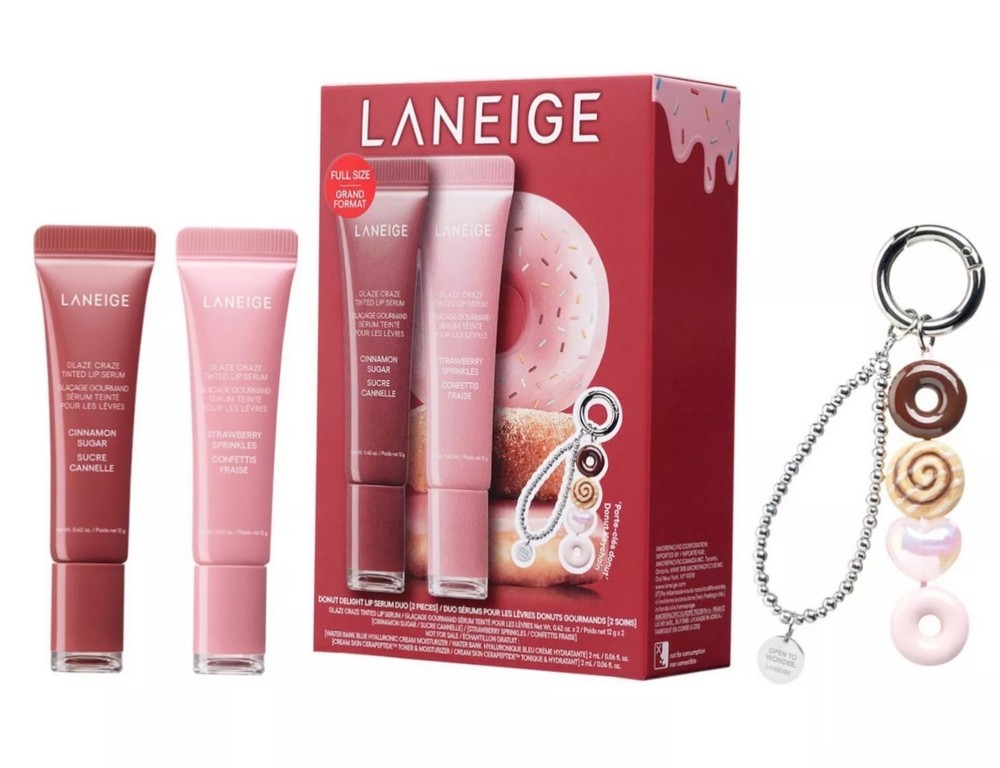 LANEIGE Craze Glaze Donut Hydrating Tinted Lip Serum w/ Keychain 3 pc Set -New