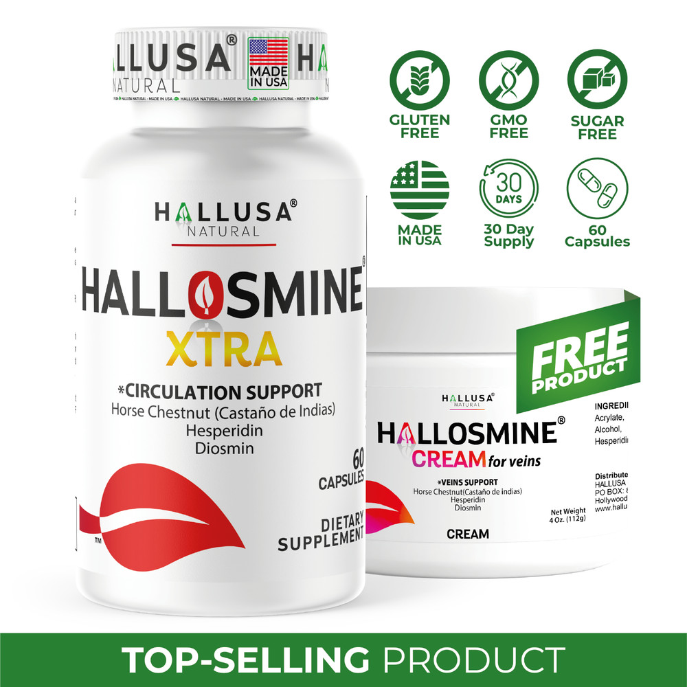 Hallosmine Xtra 850mg Circulation Veins Support 60 ct + FREE Leg Veins Cream 4oz