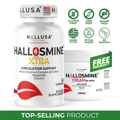 Hallosmine Xtra 850mg Circulation Veins Support 60 ct + FREE Leg Veins Cream 4oz