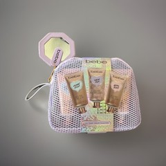 3pc Bebe Hand Cream trio assorted scents with mirror and purple zipper bag New
