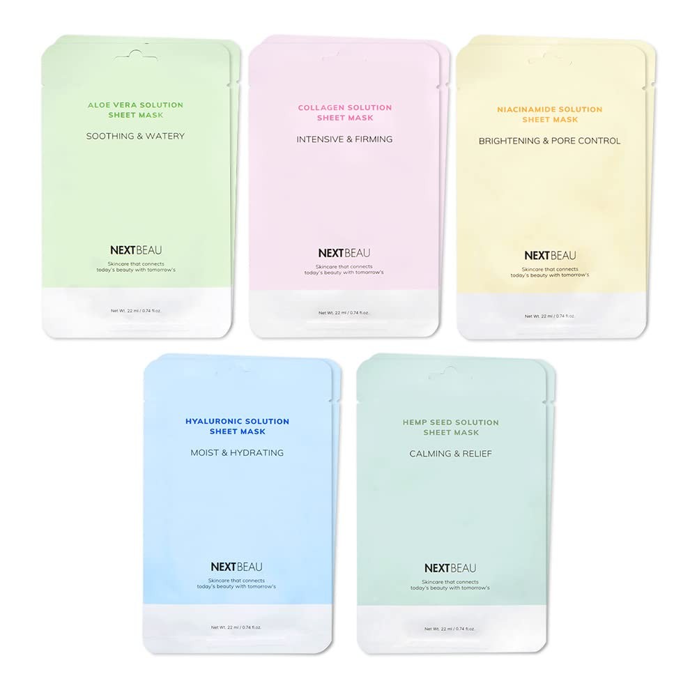 NEXTBEAU Solution Sheet Mask Variety Pack, 10 Count (5 Types x 2 Sheets), 0.74 f