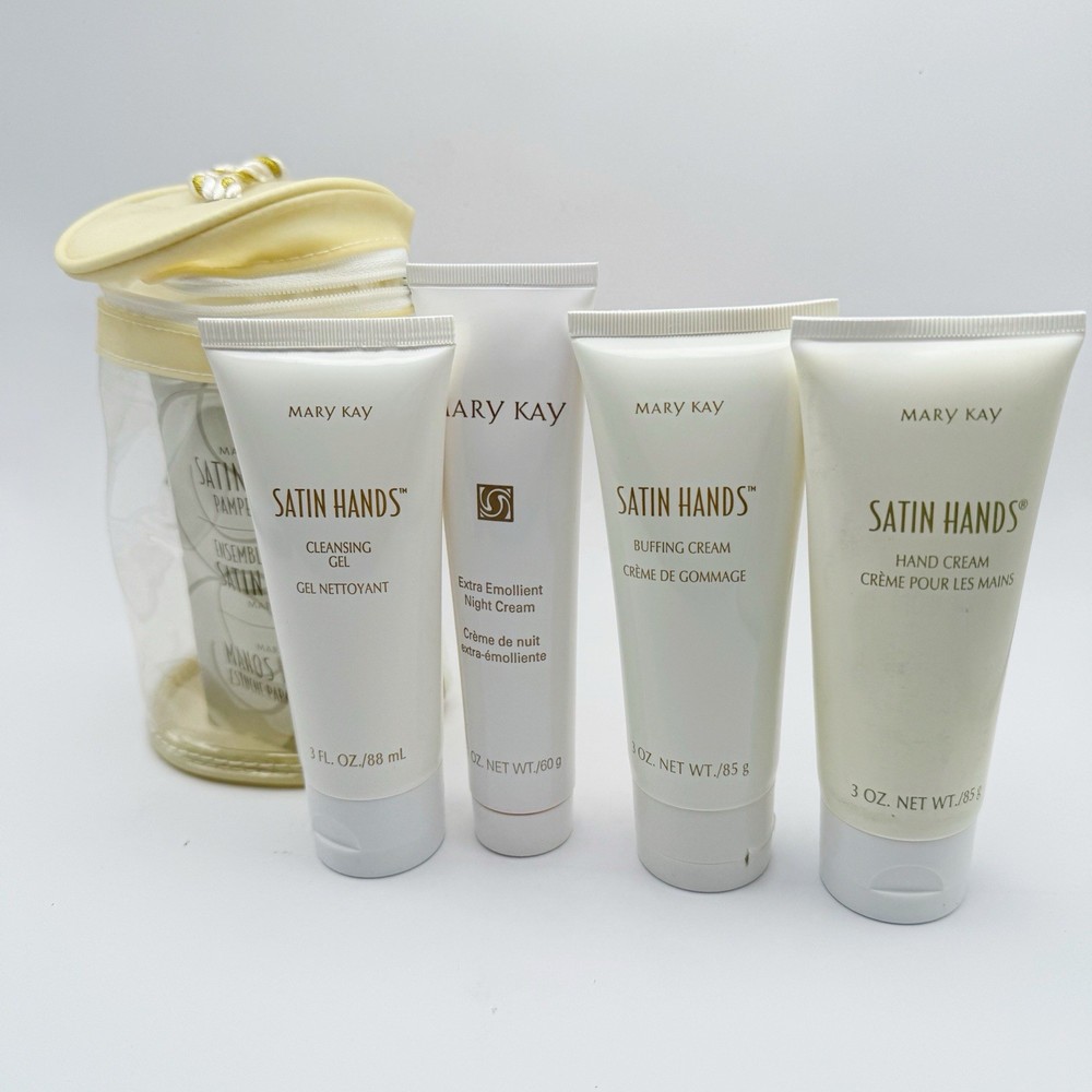 Vintage New Mary Kay Satin Hands 5 Piece Pampering Set Rare Zip Bag Hand Cream