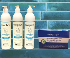 NEW SOAPBOX SEA MINERALS & ALOE SHAMPOO CONDITIONER, HAND/BODY WASH, FACE WIPES