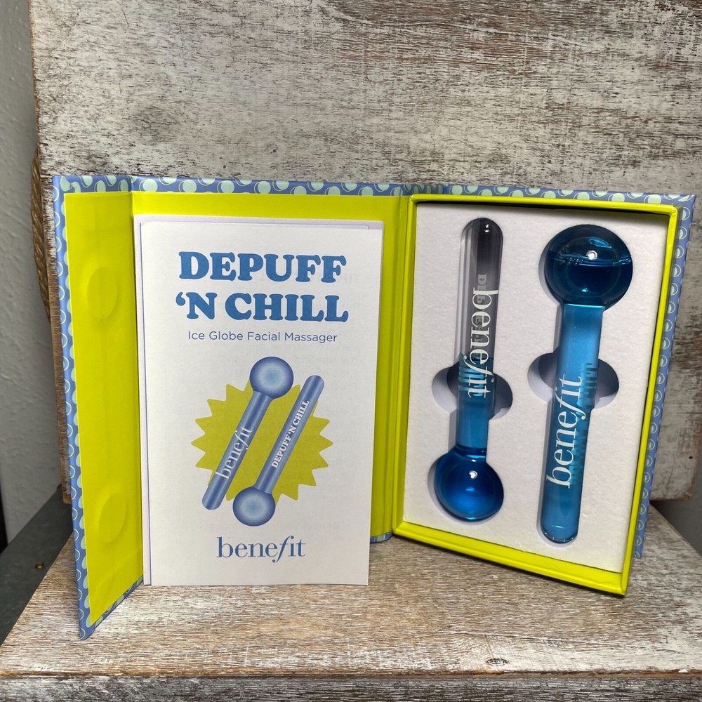 Benefit Cosmetics Depuff N&rsquo; Chill Ice Globe Facial Massager Blue White New