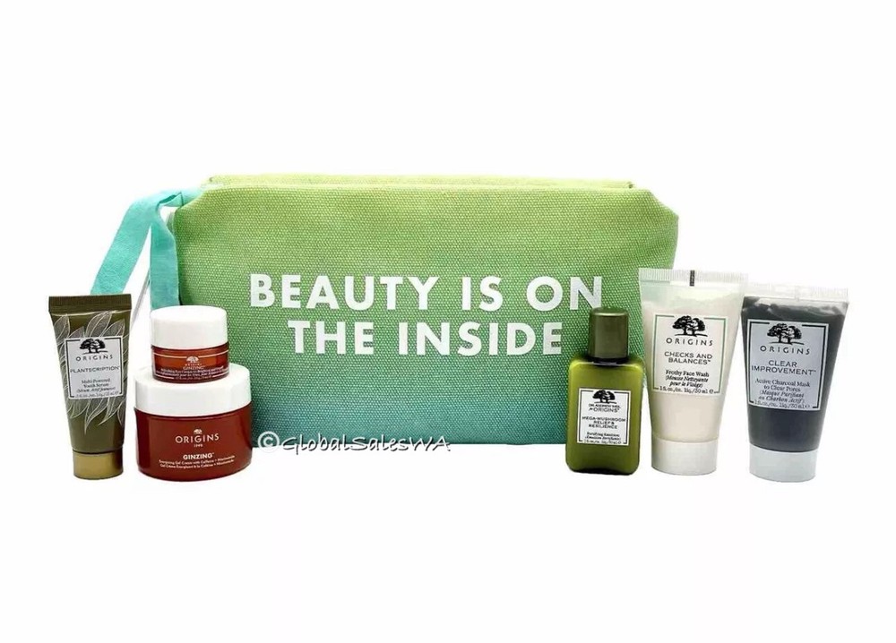 Origins Ginzing Gel Eye Cream 1 Oz Mask Serum Emulsion Bag 7-Pc Travel Gift Set