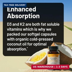 Vitamin D3 1000IU + K2 (MK7) 100mcg with Organic Extra Virgin Coconut
