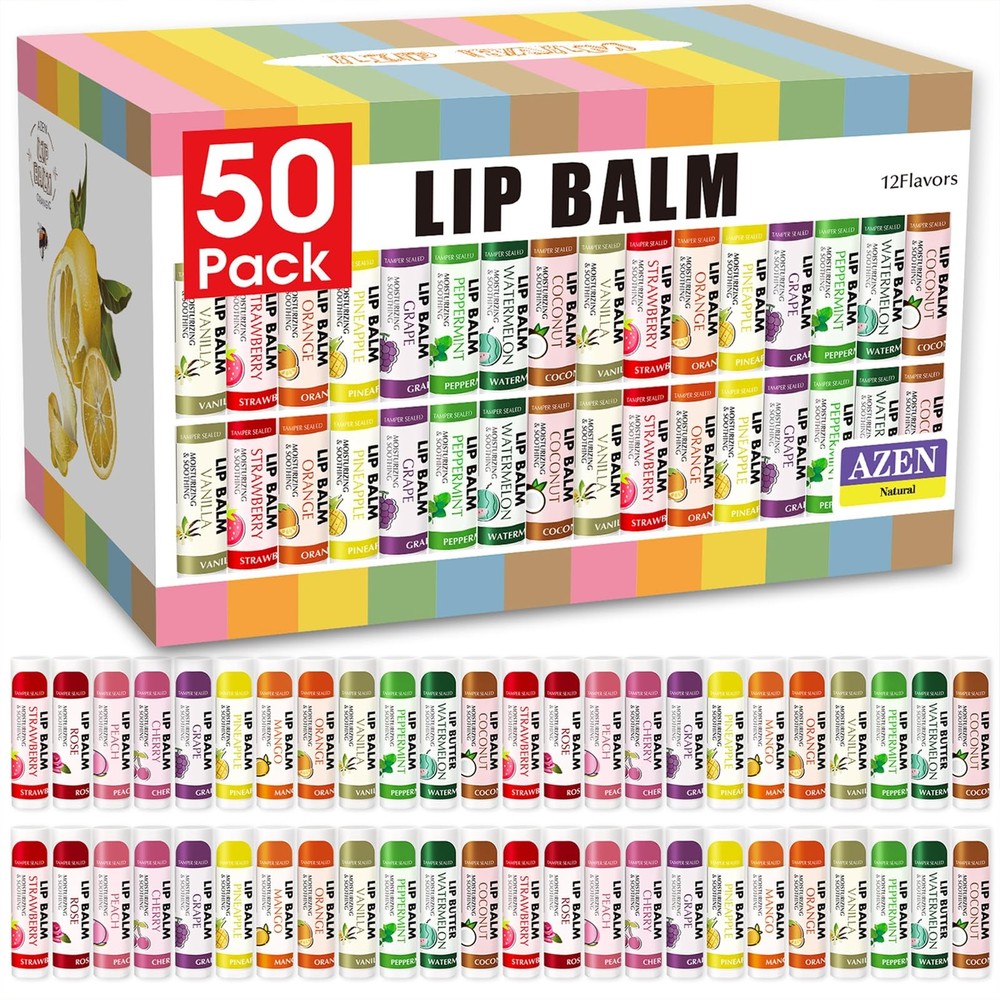 AZEN 50 Pack Lip Balm, Natural Balm Bulk, 50 Count (Pack of 1), C-50