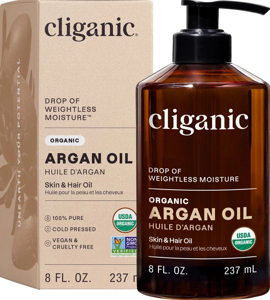Cliganic Organic Argan Oil 8oz with Pump, 100% Pure – for 8 Fl Oz (Pack of 1)