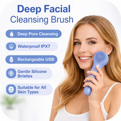 Electric Silicone Facial Cleansing Brush Sonic Face Scrubber Heated IPX7 Blue