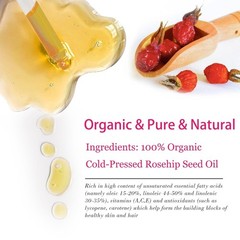 Organic Rosehip Seed Oil for Face, USDA Certified, Cold Pressed, Unrefined, 100%