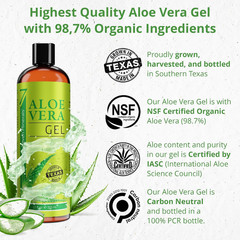 Aloe Vera Gel with Freshly Cut Pure Organic Aloe – Big 12Oz – Texas Grown, Highe
