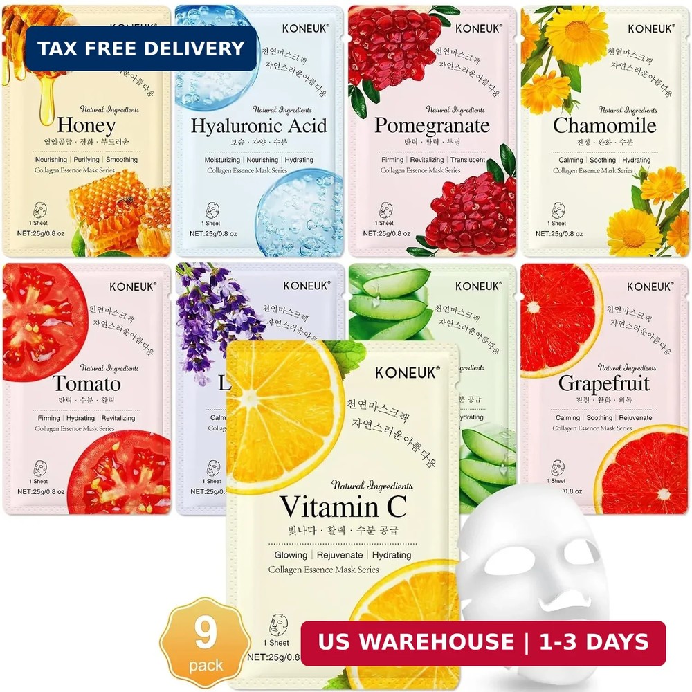 KONEUK 9 Pack Collagen Face Masks Skincare for Women, Hydrating Sheet Face Masks