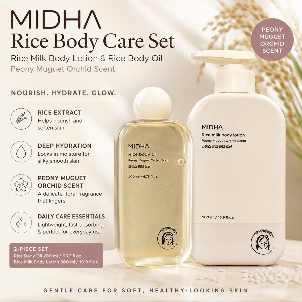 MIDHA Rice Body Care Set Rice Milk Body Lotion & Rice Body Oil Peony Orchid