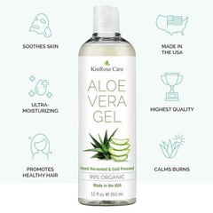 KinRose Care, 12oz Organic Aloe Vera Gel for Face, Skin, Hair & Sunburn Relief