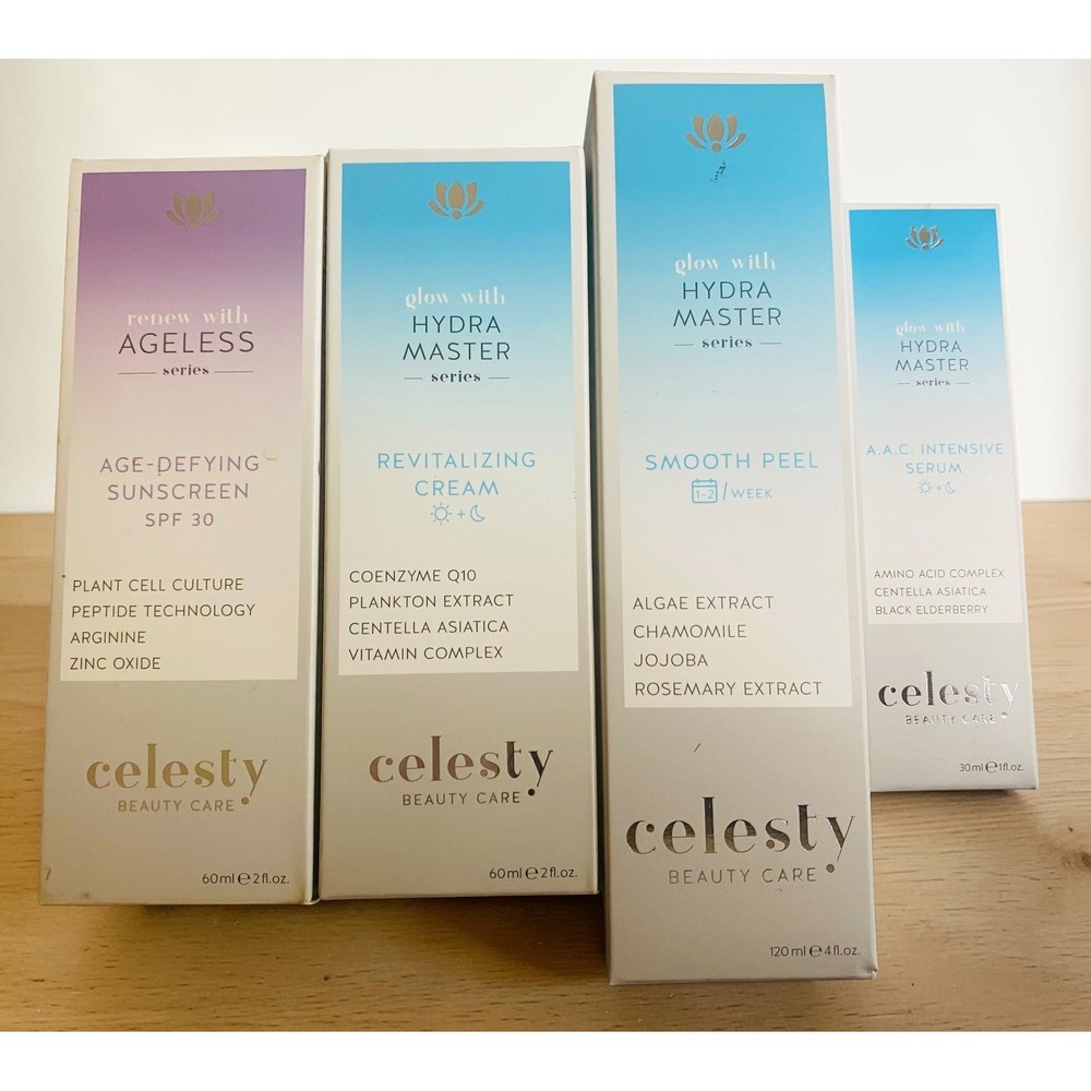 Celesty Beauty Care Skincare Sunscreen Cream Peel Serum 4pc Set LOT OF 4 ITEMS