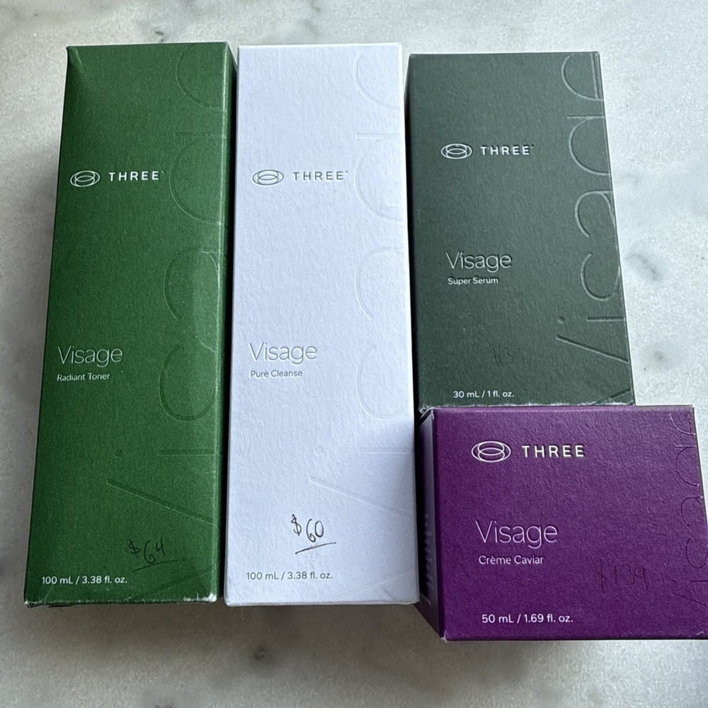 THREE Visage Radiant Toner + Pure cleanse +Super Serum +Creme Caviar Bundle! NEW