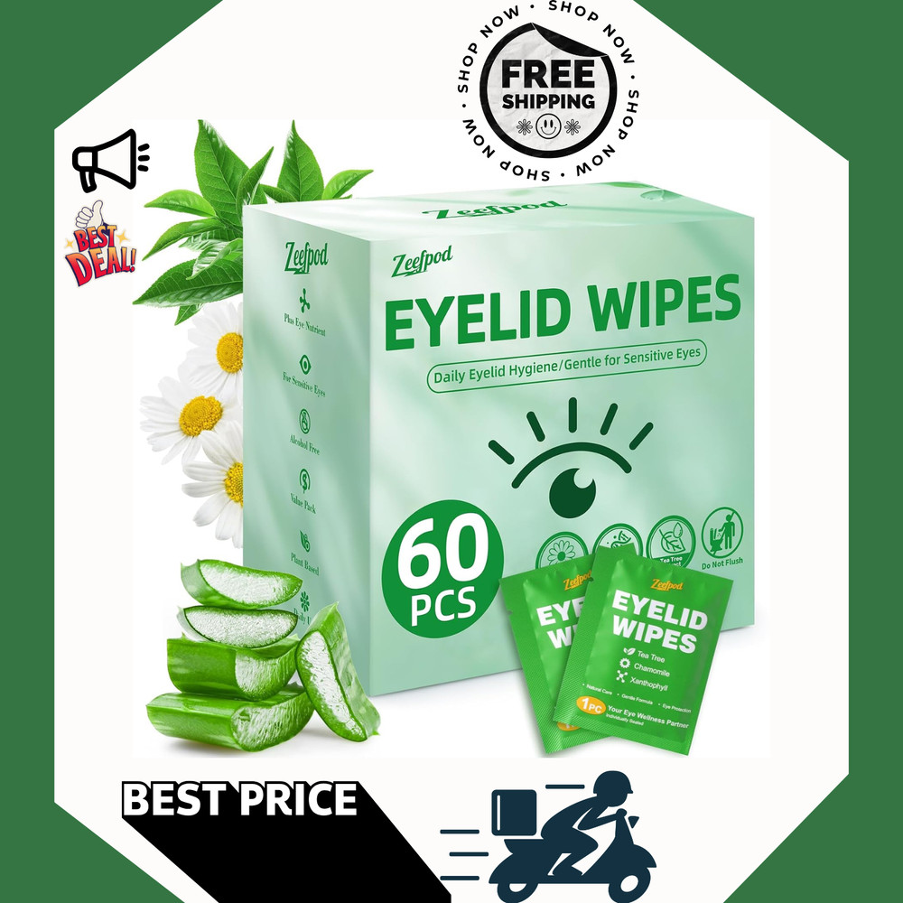 Tea Tree Oil Eyelid Wipes 60PCS Individually Wrapped Sensitive Eye Lid Cleaning