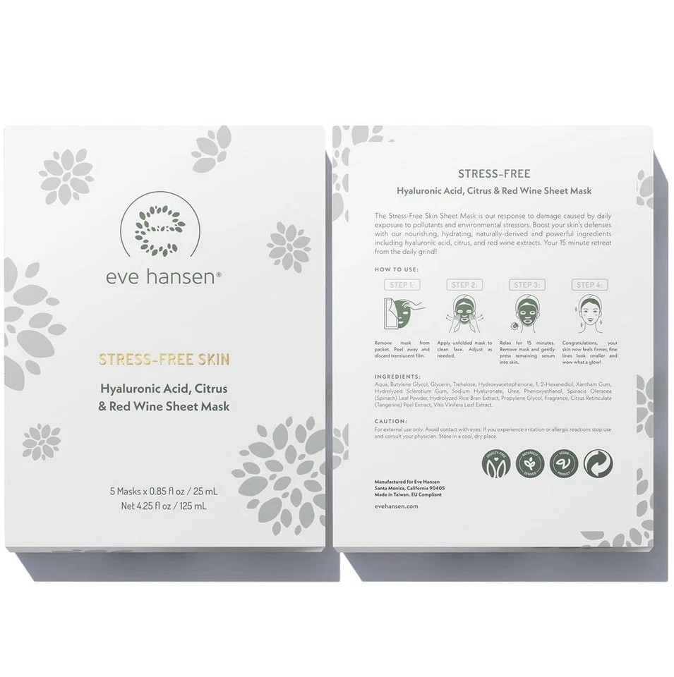 Eve Hansen Stress-Free Skin Hydrating Sheet Mask Set – 5X Sheets NIB Skincare